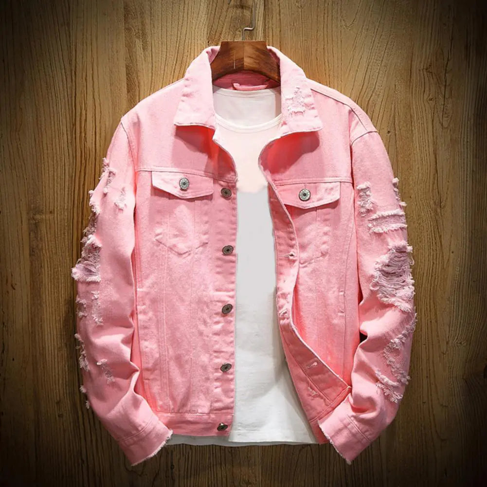 Men's Ripped Denim Jacket with Turndown Collar