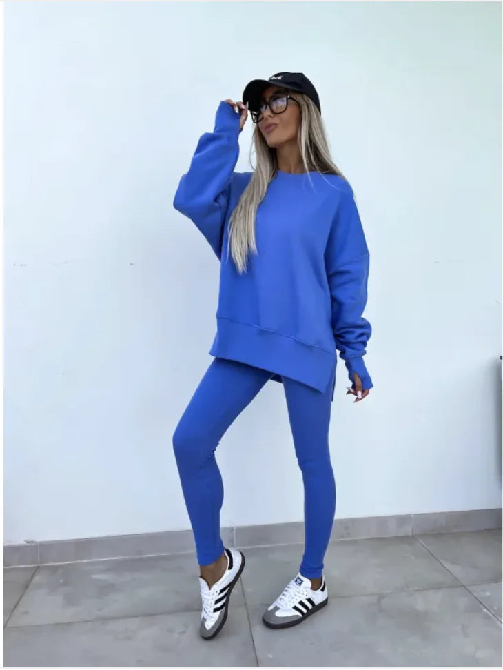 Women's Casual Sweater Set with Split Top and Tight Trousers