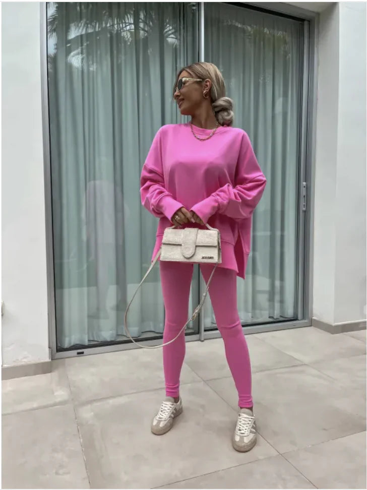 Women's Casual Sweater Set with Split Top and Tight Trousers