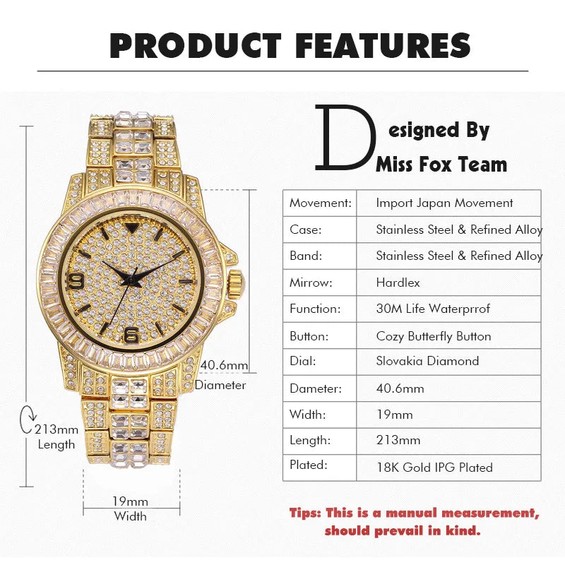 Stainless steel waterproof full diamond watch