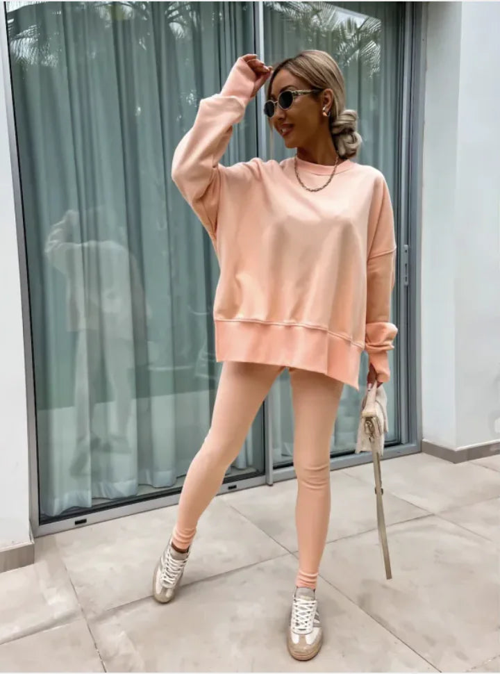 Women's Casual Sweater Set with Split Top and Tight Trousers