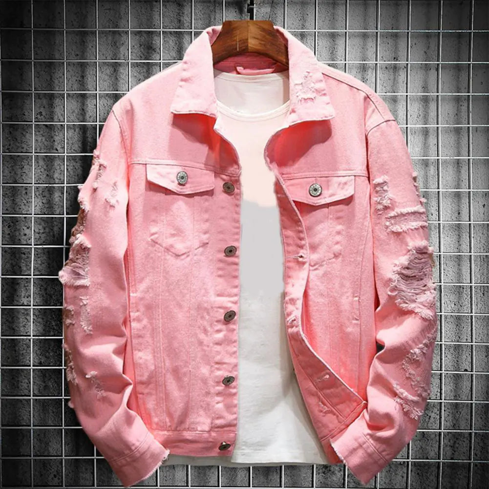 Men's Ripped Denim Jacket with Turndown Collar