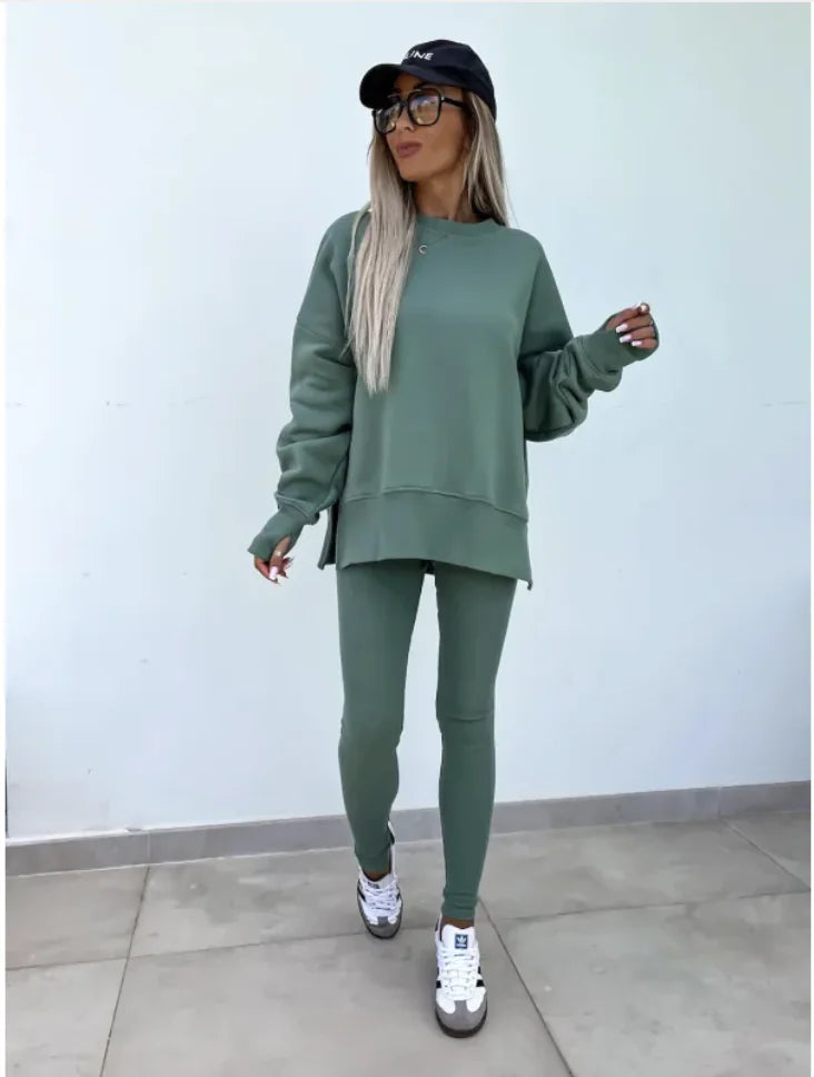 Women's Casual Sweater Set with Split Top and Tight Trousers