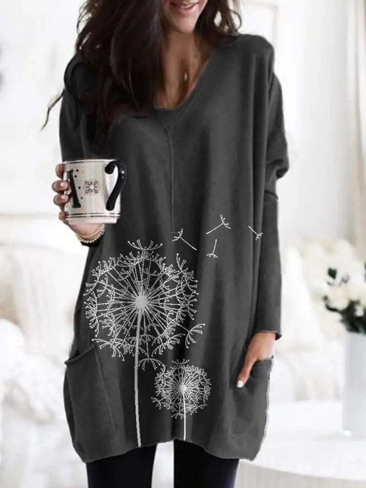 Women's Printed Long-Sleeved Round Neck Blouse Sweater