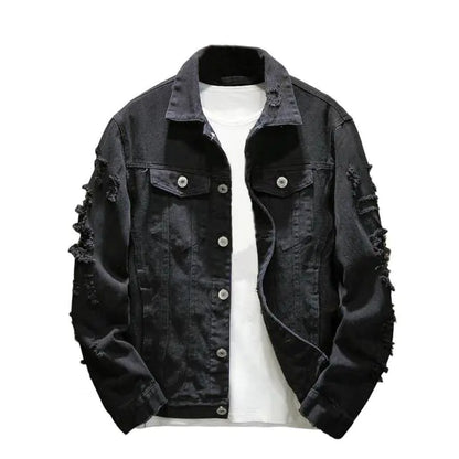 Men's Ripped Denim Jacket with Turndown Collar