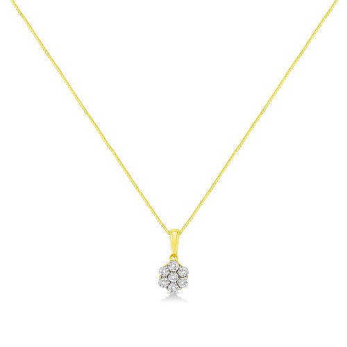 14K Yellow Gold 1/4 Cttw Prong Set Round-Cut Diamond 7 Stone Floral Cluster 18" Pendant Necklace (H-I Color, I1-I2 Clarity)