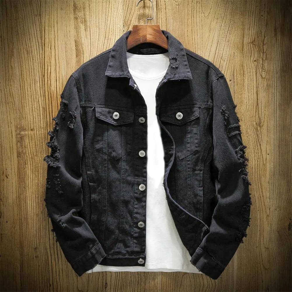 Men's Ripped Denim Jacket with Turndown Collar