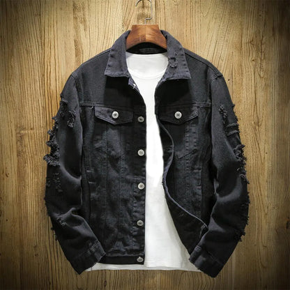 Men's Ripped Denim Jacket with Turndown Collar