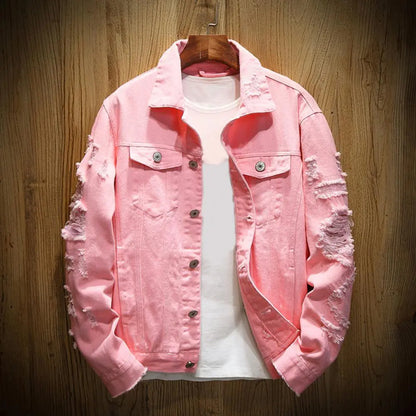 Men's Ripped Denim Jacket with Turndown Collar