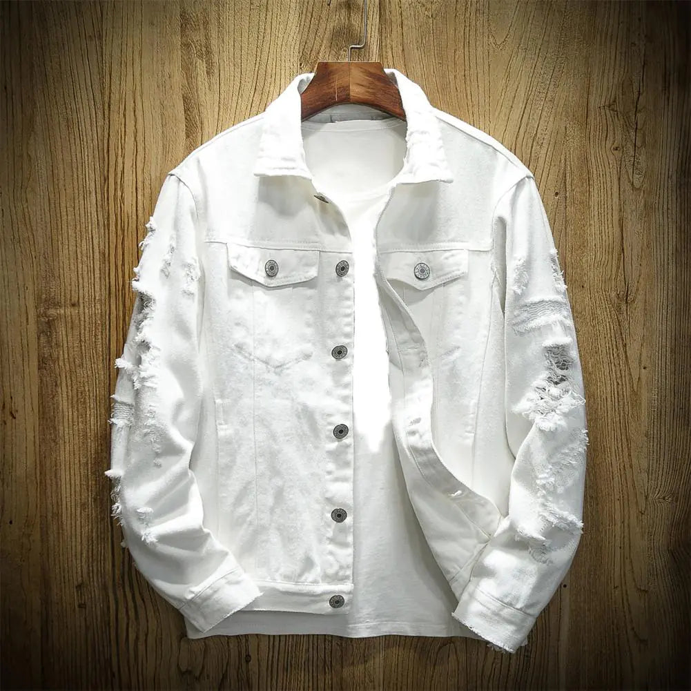 Men's Ripped Denim Jacket with Turndown Collar