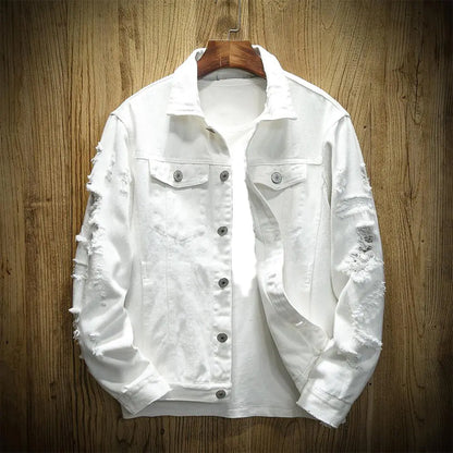 Men's Ripped Denim Jacket with Turndown Collar