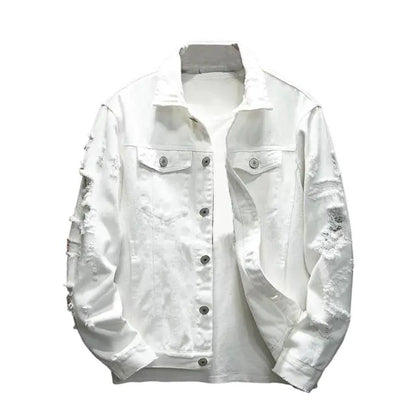 Men's Ripped Denim Jacket with Turndown Collar