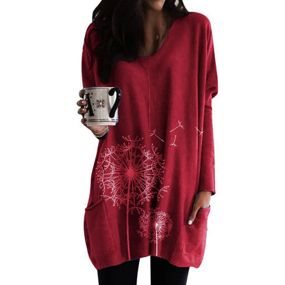 Women's Printed Long-Sleeved Round Neck Blouse Sweater