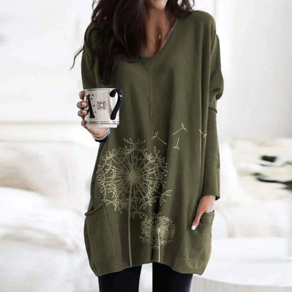 Women's Printed Long-Sleeved Round Neck Blouse Sweater