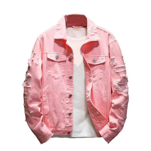 Men's Ripped Denim Jacket with Turndown Collar