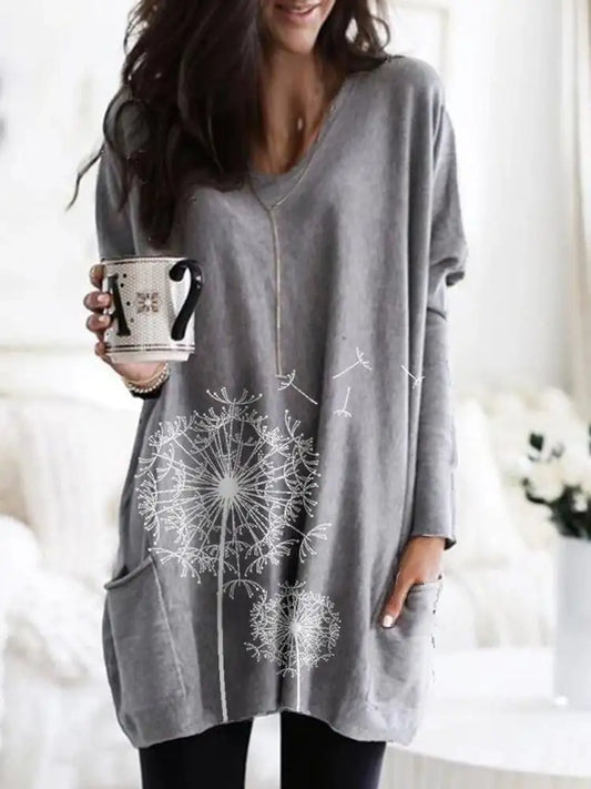 Women's Printed Long-Sleeved Round Neck Blouse Sweater