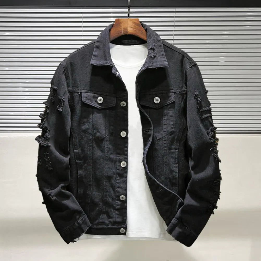 Men's Ripped Denim Jacket with Turndown Collar
