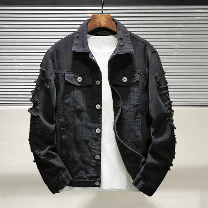 Men's Ripped Denim Jacket with Turndown Collar