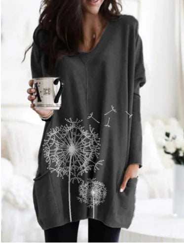 Women's Printed Long-Sleeved Round Neck Blouse Sweater